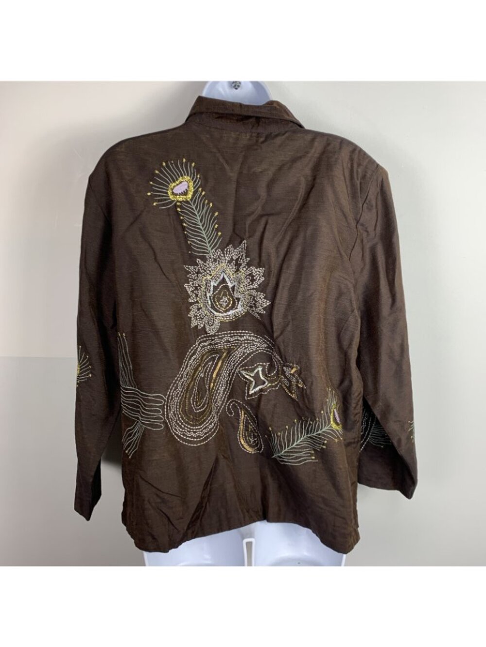 VINTAGE Indigo Moon Womens Blazer Sz L Brown Button Front Feather Embroidery NEW - Picture 12 of 12